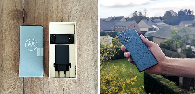 Fotocollage met aan de linkerkant een Motorola Edge 50 Fusion-smartphone in de papieren verpakking en de doos met de oplader op een houten tafel, aan de rechterkant hetzelfde toestel met waterdruppels op de achterzijde. 